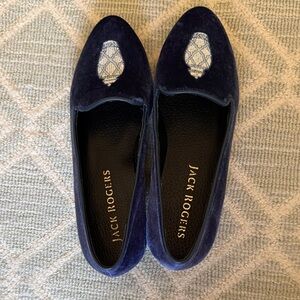 Jack Rogers Navy Velvet Loafers with Embroidered Crest Accent